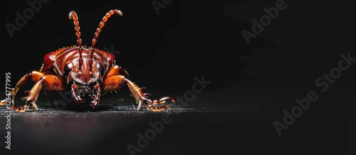 Close-up of a red beetle on a black background. photo