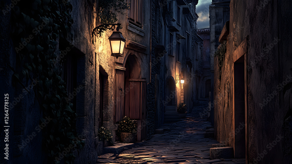 Fototapeta premium A narrow cobblestone street in an ancient Italian town, lined with historic buildings and illuminated by the soft glow of lanterns 