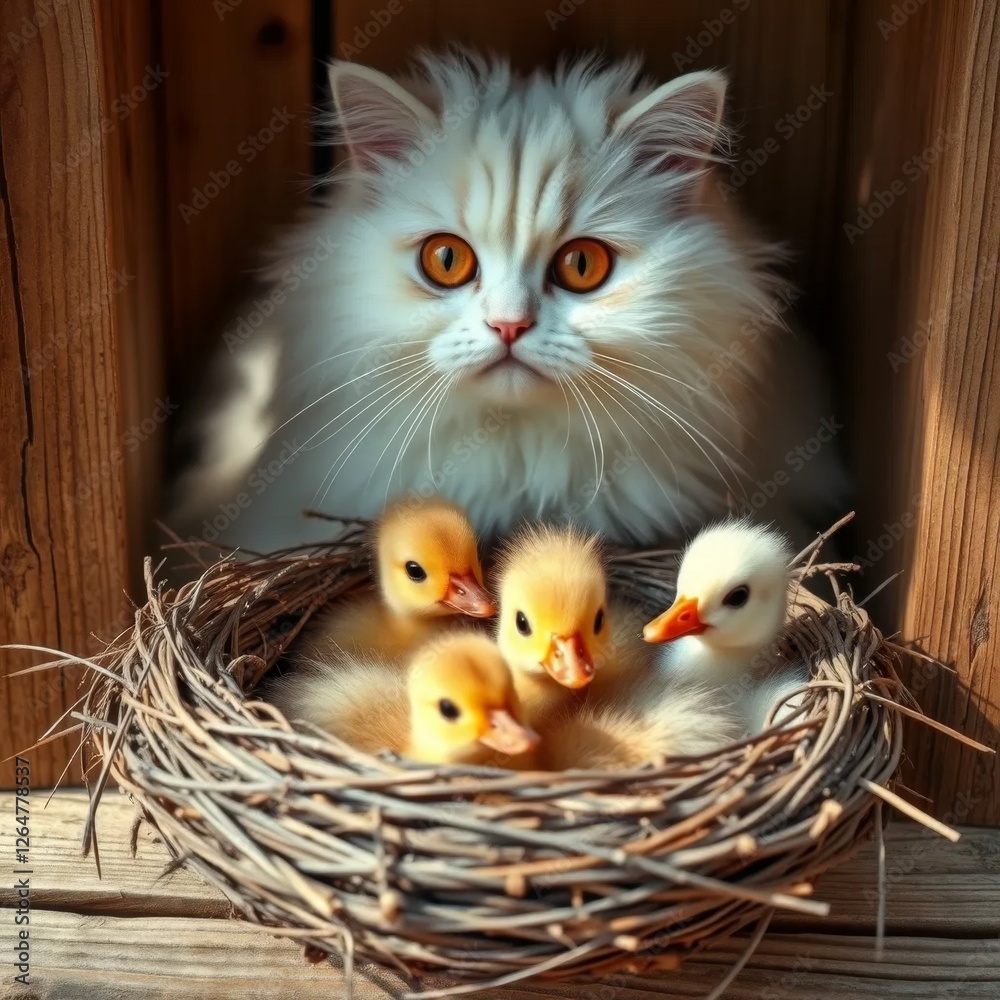 Fototapeta premium a fluffy white cat and four baby ducks