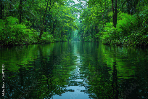 Lush green rainforest with a serene river reflecting nature's beauty during a quiet morning