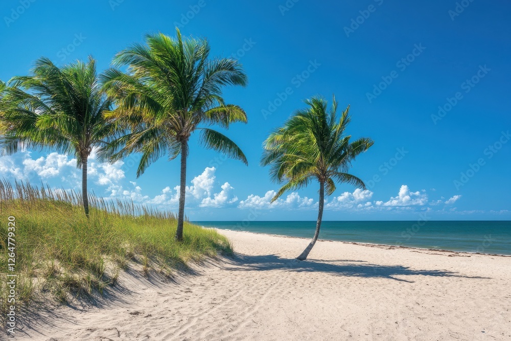 Serene Tropical Beach with Palm Trees and Crystal Clear Water Under Bright Blue Sky Serene Tropical Beach with Palm Trees and Crystal Clear Water Under Bright Blue Sky