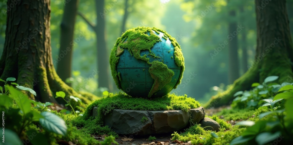 A mossy globe rests on a stone in a sunlit forest, symbolizing environmental harmony and the interconnectedness of nature and our planet