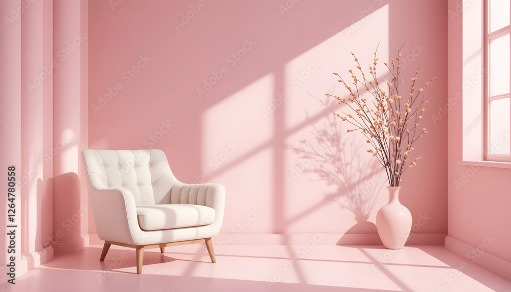 Stylish Pink Living Room with White Armchair and Dried Flowers Stylish Pink Living Room with White Armchair and Dried Flowers