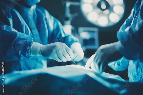 Close up of surgical instruments being used during a surgical procedure in a sterile operating room environment