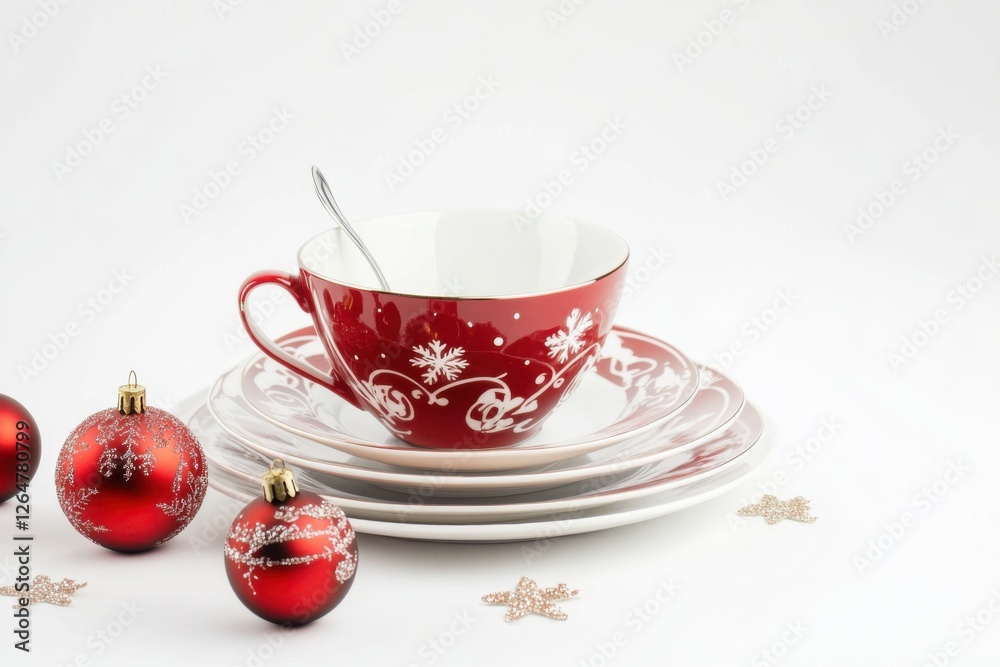 Elegant festive tableware set adorned with red and white motifs on a clean white background for holiday celebrations Elegant festive tableware set adorned with red and white motifs on a clean white background for holiday celebrations
