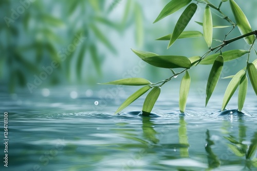 Tranquil Bamboo Leaves Reflecting on Calm Water Surface with Gentle Ripples in Nature