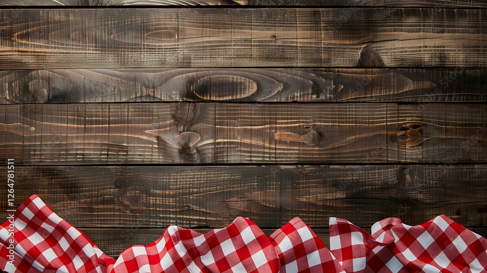 Obraz premium Red and white checkered tablecloth on a rustic wooden background