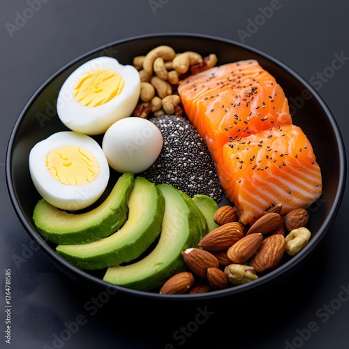 Healthy salmon, egg, avocado bowl on dark background; recipe, diet photo