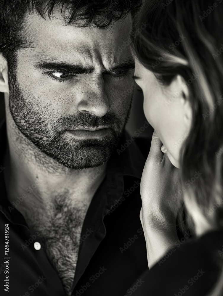 Close-up of a man and woman sharing an intimate moment with expressions of concern or contemplation. Close-up of a man and woman sharing an intimate moment with expressions of concern or contemplation.