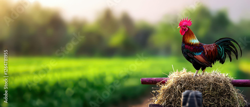 Wallpaper Mural A colorful rooster stands proudly on a haystack, with a vibrant green field in the background, capturing a serene rural atmosphere. Torontodigital.ca