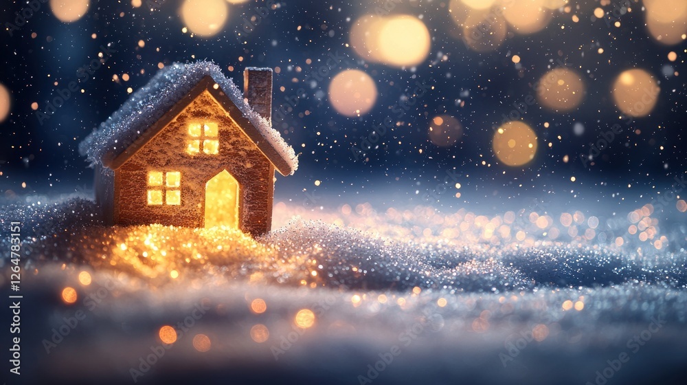 Naklejka premium Illuminated miniature house in snowy winter scene with bokeh lights.