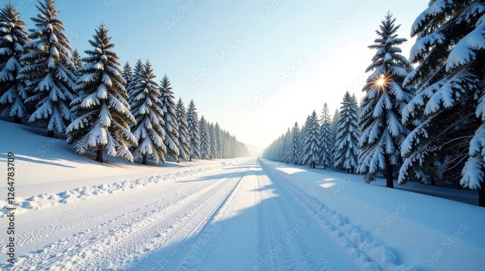 Winter wonderland road through snow covered evergreen trees on a sunny day Winter wonderland road through snow covered evergreen trees on a sunny day