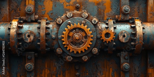 Factory-Themed Mechanical Structure with Rusted Gears and Pipes
