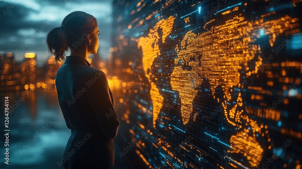 Fototapeta premium Businesswoman Analyzing Digital World Map Visualization at Night