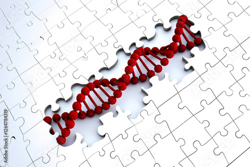 missing jigsaw puzzle piece and DNA chain - problem solving and  rare disease day concept, 300dpi, 3d illustration