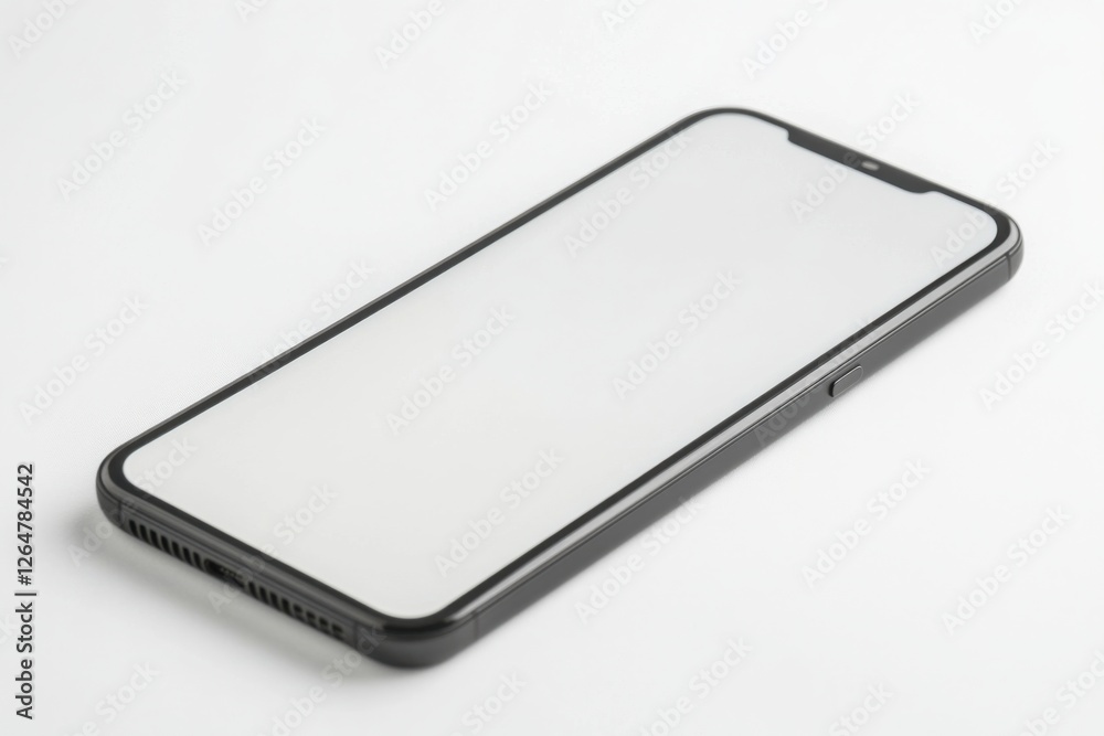 Sleek smartphone with a blank white screen on a minimalist white background showcasing modern technology features Sleek smartphone with a blank white screen on a minimalist white background showcasing modern technology features