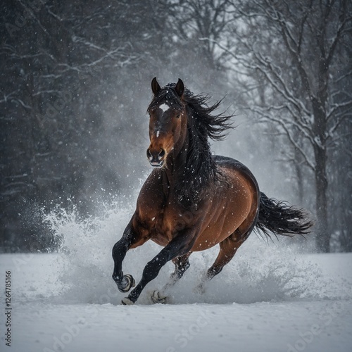 A dramatic action shot of a galloping stallion in heavy snowfall, with an empty setting.