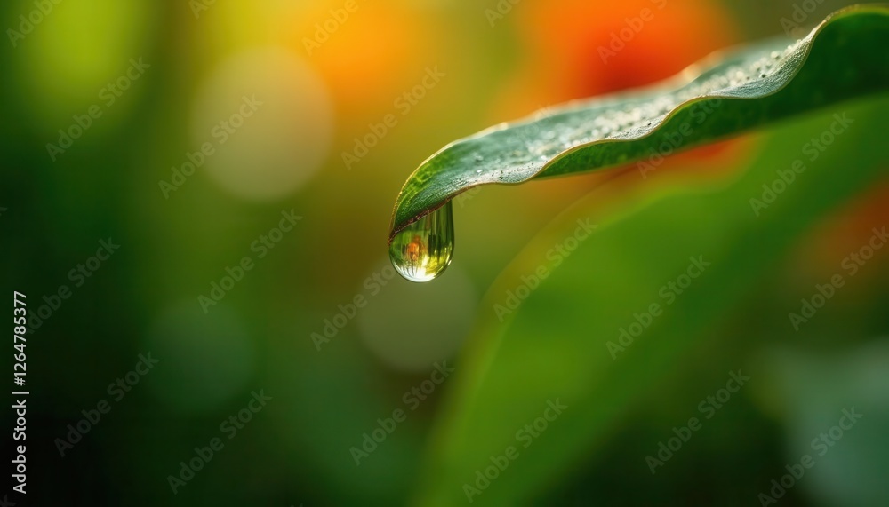 Water Drop Hanging From Leaf Tip in Garden Close Up Water Drop Hanging From Leaf Tip in Garden Close Up