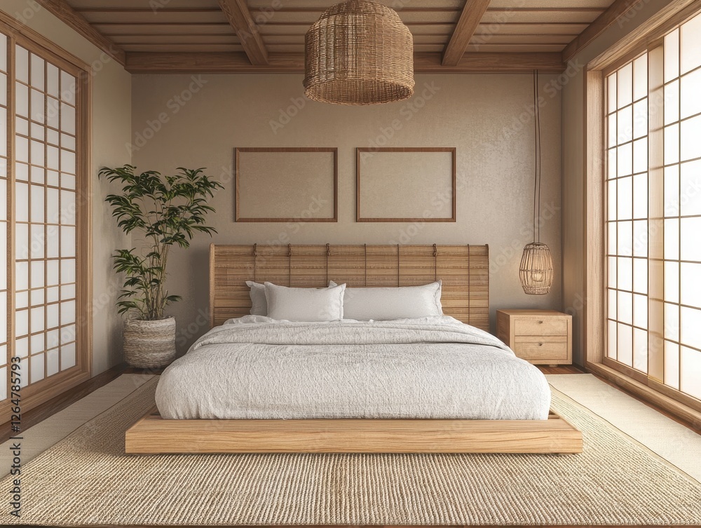 Fototapeta premium Natural light illuminates a calming bedroom in japanese style