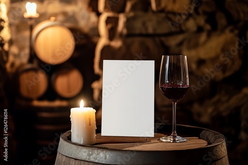 An empty white menu on a wooden barrel with a glass of wine in a village cellar of winery. Mockup menu