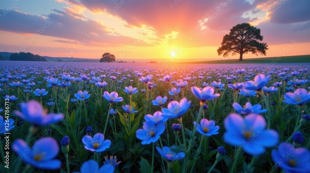 Fototapeta premium Serene Sunset Over a Vast Field of Vibrant Blue Flowers, a Solitary Tree Silhouetted Against the Golden Sky