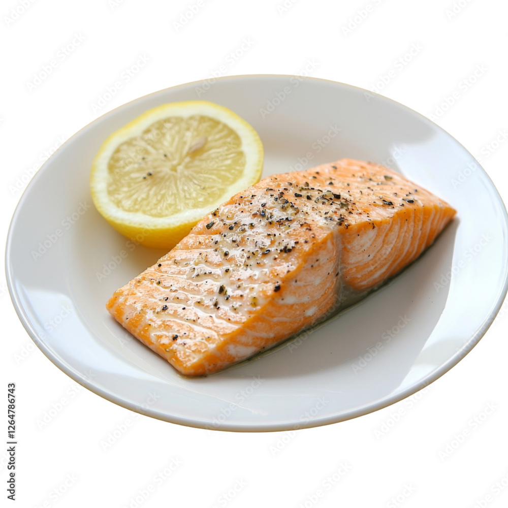 Fresh salmon fillet with lemon slice, seasoned with black pepper, served on white plate. Perfect for healthy meals and seafood lovers Fresh salmon fillet with lemon slice, seasoned with black pepper, served on white plate. Perfect for healthy meals and seafood lovers