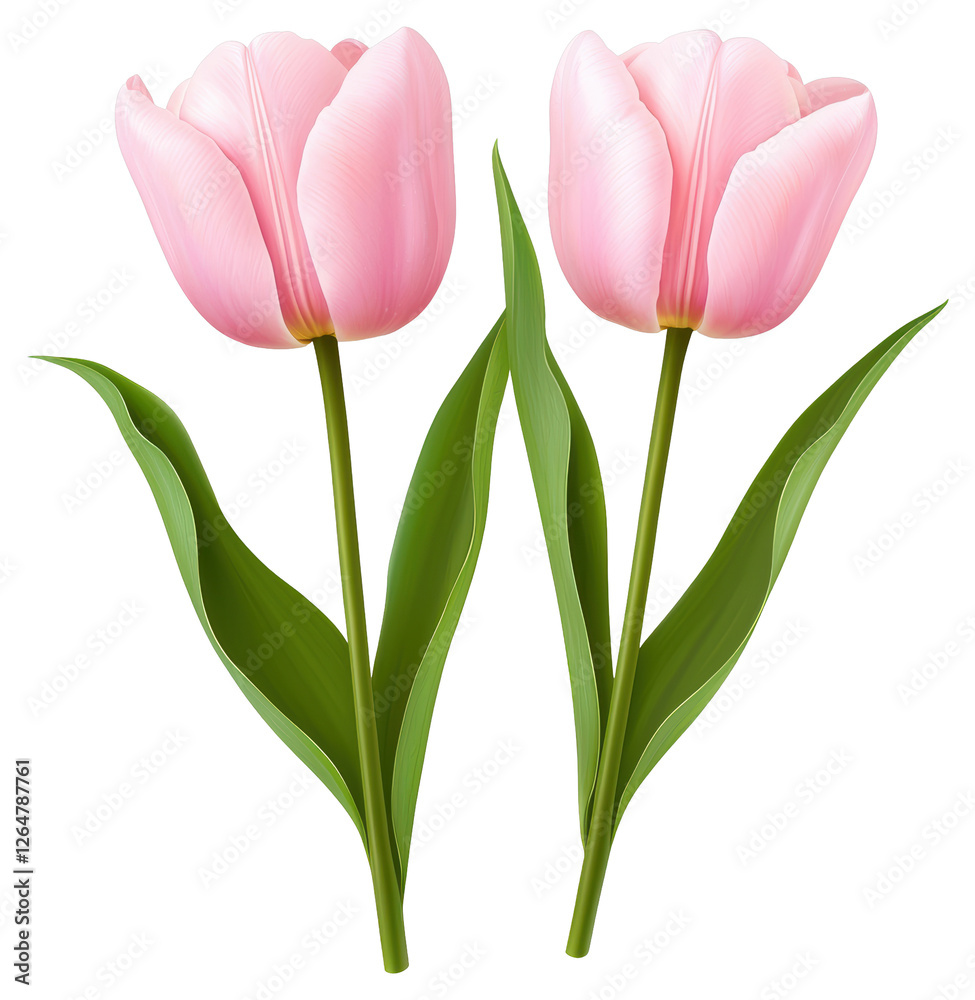 Two Pink Tulips with Green Leaves on Transparent Background for Graphic Design Two Pink Tulips with Green Leaves on Transparent Background for Graphic Design