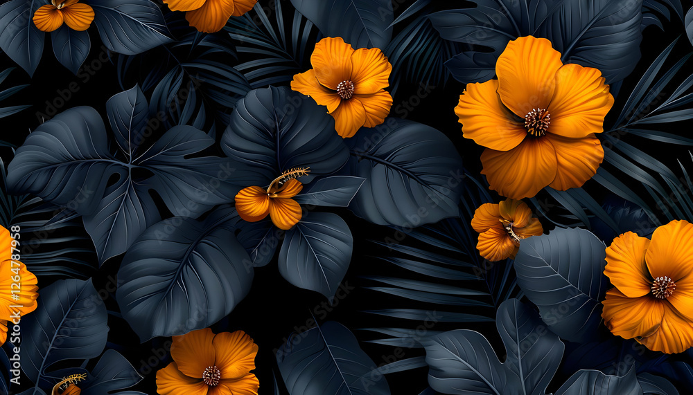 A vibrant pattern of orange hibiscus flowers and dark foliage. A vibrant pattern of orange hibiscus flowers and dark foliage.