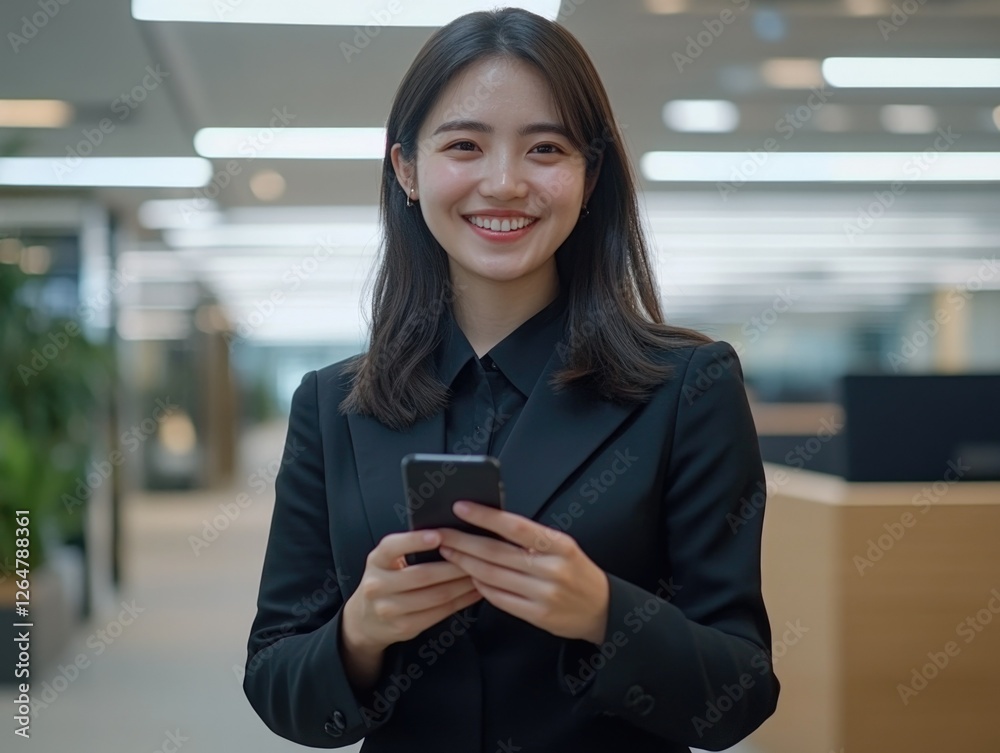 Asian woman smiling in professional attire, holding smartphone against backdrop of office corridor with modern furnishings. Asian woman smiling in professional attire, holding smartphone against backdrop of office corridor with modern furnishings.