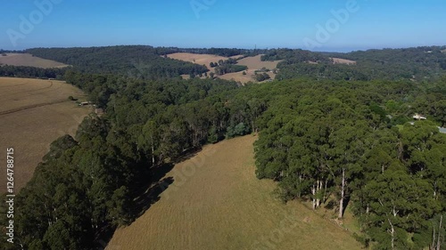 Aerial orbit around rural farmland in the hills of south east Australia. photo