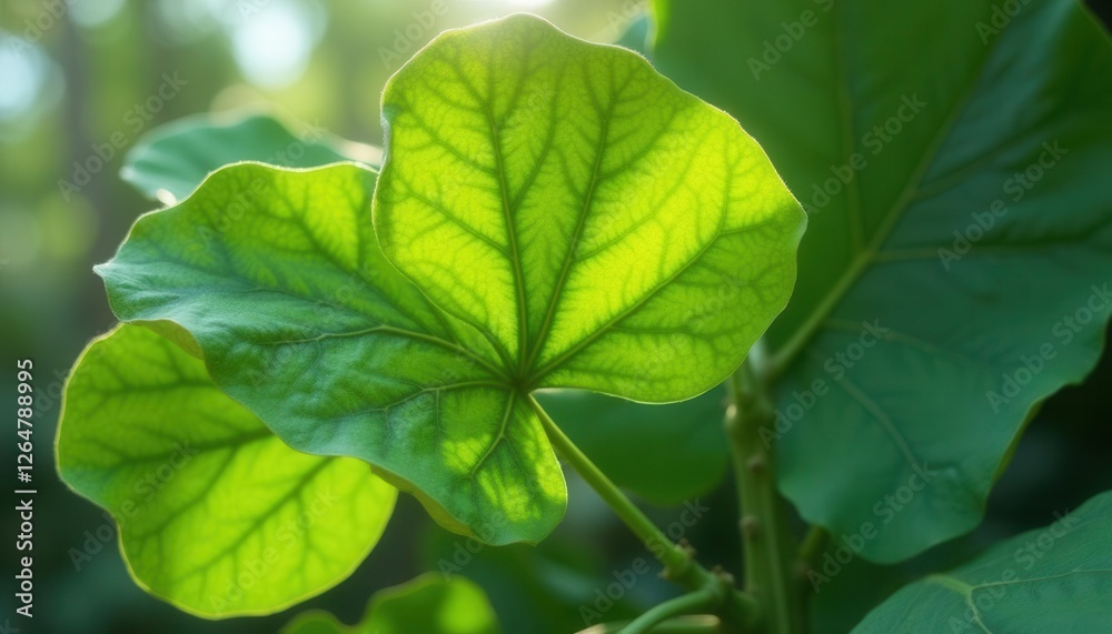 Bright Green Leaf Closeup with Vein Detail and Sunlit Background Bright Green Leaf Closeup with Vein Detail and Sunlit Background