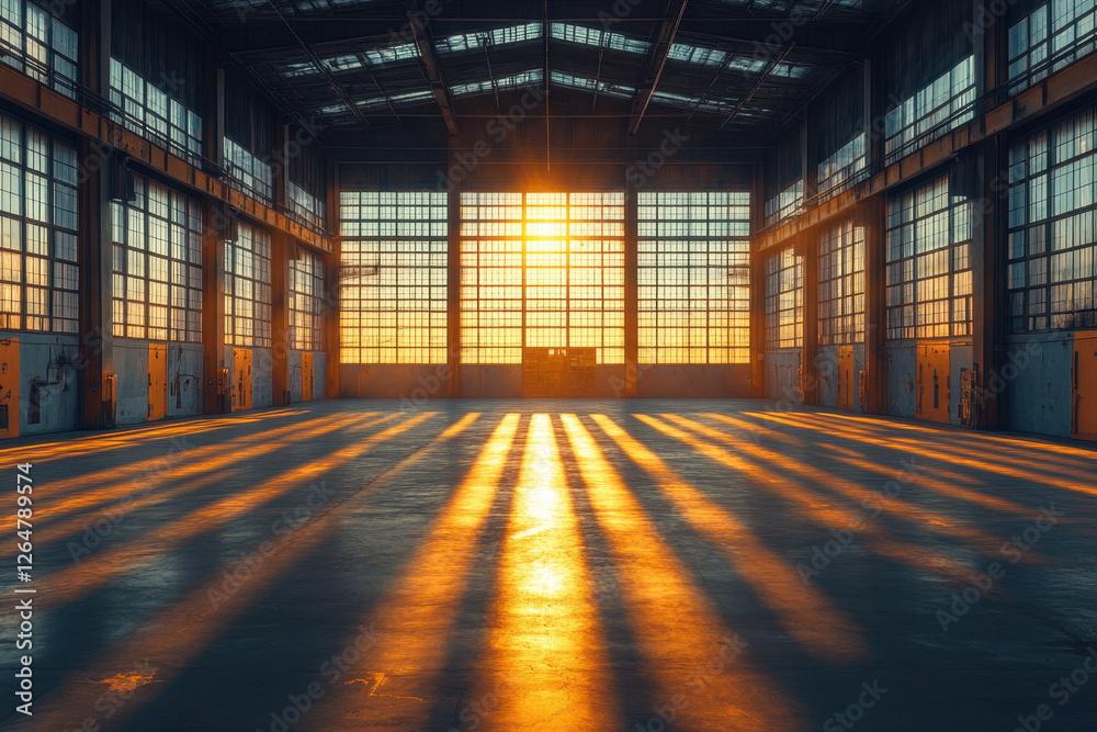 Warm sunlight streams through large windows in an industrial space during sunset, creating striking patterns on the floor Warm sunlight streams through large windows in an industrial space during sunset, creating striking patterns on the floor