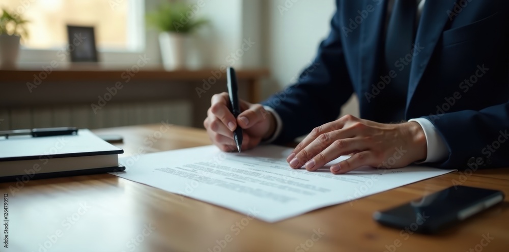 Close-up of a person in formal attire carefully reviewing and signing an important document at a wooden desk Close-up of a person in formal attire carefully reviewing and signing an important document at a wooden desk