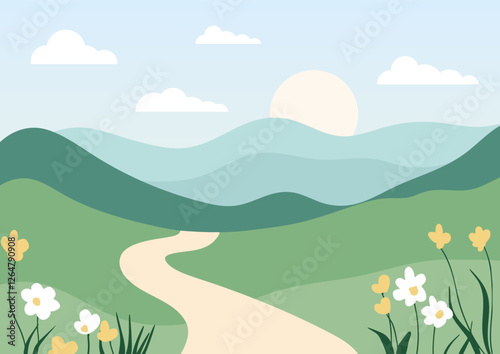 Minimal hand drawn summer countryside landscape background 