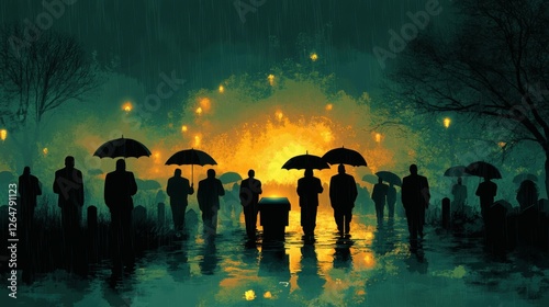 Silhouettes of mourners with umbrellas in rainy cemetery funeral procession photo