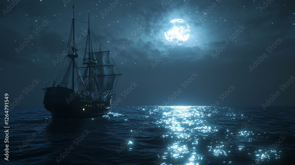 Fototapeta premium A mysterious pirate ship glides across the moonlit ocean, its sails billowing in the night breeze.