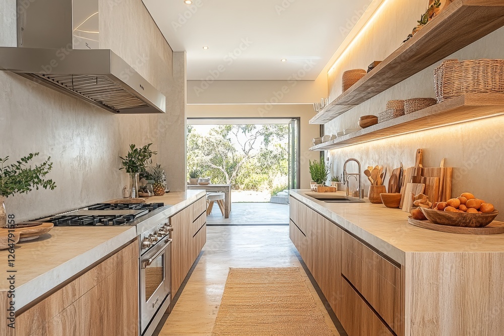 Fototapeta premium Modern kitchen with natural lighting and wooden accents in a serene outdoor setting
