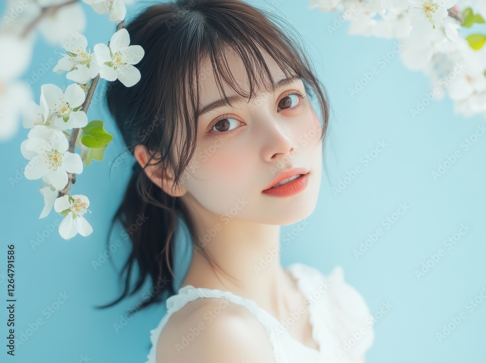 Young woman posing gracefully with delicate blossoms around her Young woman posing gracefully with delicate blossoms around her