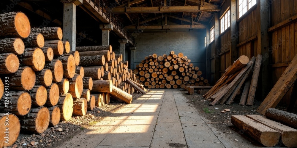 Sunlit Timber Warehouse Stacks of Logs in Rustic Industrial Building Sunlit Timber Warehouse Stacks of Logs in Rustic Industrial Building