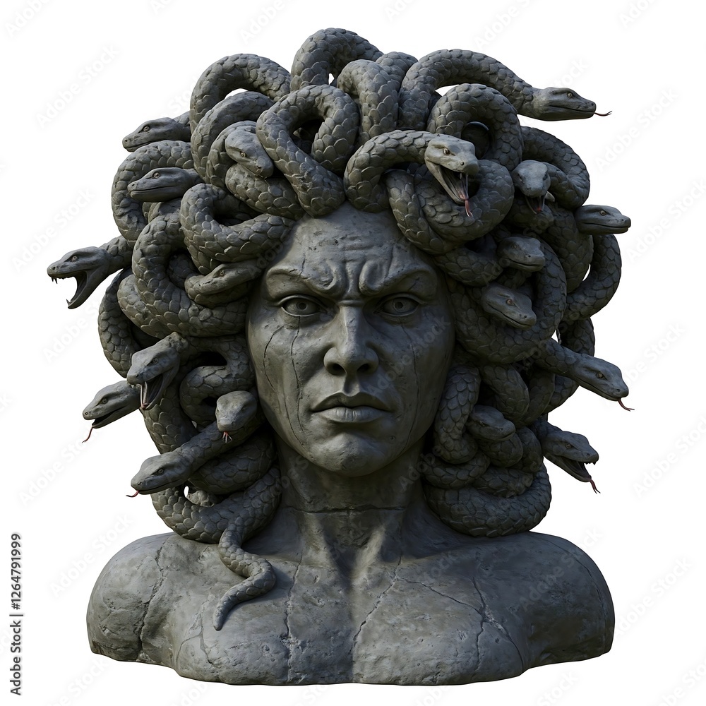 Obraz premium A fearsome gorgon, sculpted from stone and adorned with snakes for hair, turning anyone who looks into stone.