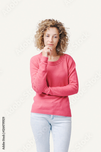 Pensive woman thinking with hand on chin photo