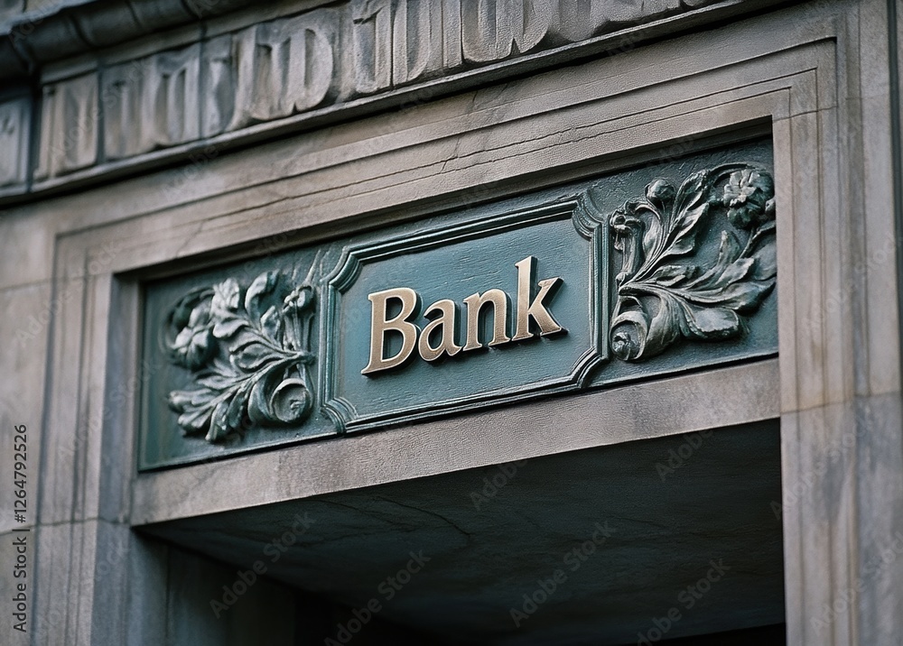 Obraz premium Bank entrance with decorative architecture in a bustling city