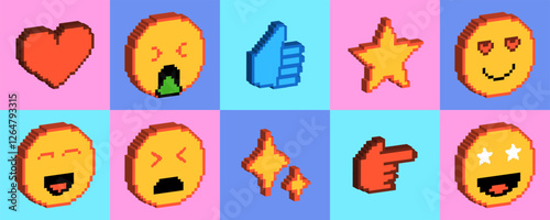 3d y2k smile. Emoji abstract, millennial social media isolated elements. Tech glitch acid pixel art. Geometric pink graphic 8bit print. Futuristic in cyberspace. Vector garish sticker collection