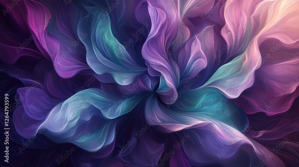Fototapeta premium Luminous flowing shapes. Bright gradients in mint and deep purple. Flowing curves merging into abstract designs.