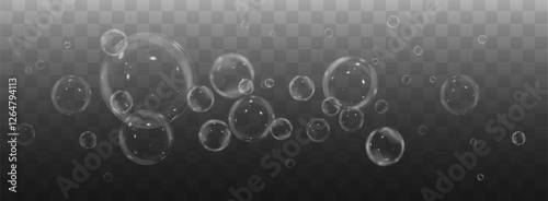 floating soapy bubble set featuring shiny, iridescent spheres with a transparent, glossy texture. Perfect for water designs, shampoo ads, washing visuals, and abstract backgrounds. Vector illustration