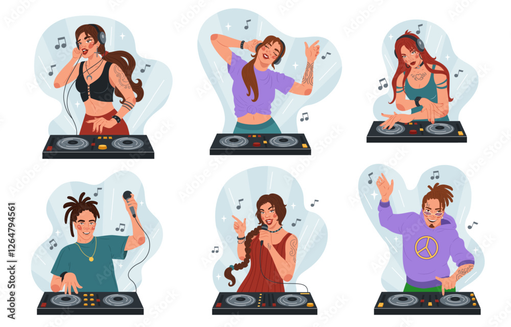 DJ artist. Disc jockey. Character play music to turntable. Sound club with dancing people. Woman and man at discotheque mixer. Disco nightclub. Electronic track. Vinyl audio. Vector tidy musical set DJ artist. Disc jockey. Character play music to turntable. Sound club with dancing people. Woman and man at discotheque mixer. Disco nightclub. Electronic track. Vinyl audio. Vector tidy musical set