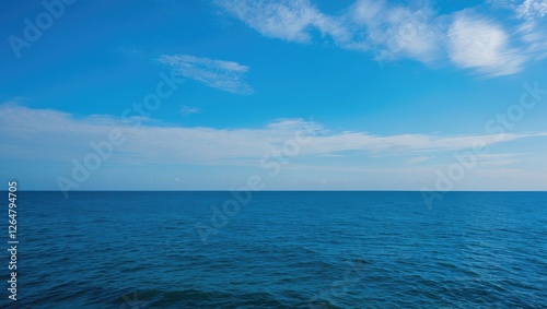 Wallpaper Mural Clear blue ocean water under a bright sky with scattered clouds and horizon in the distance Copy Space Torontodigital.ca