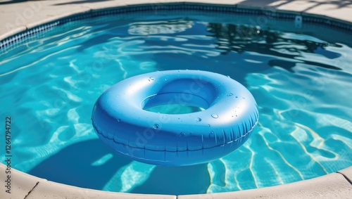 Blue inflatable pool float resting on the surface of clear turquoise swimming pool water with visible ripples and reflections Copy Space