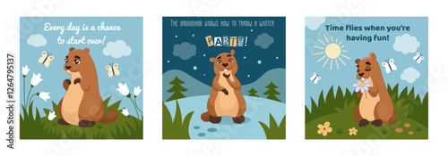 Groundhog Day poster. Cute marmot. Gopher of winter greets spring. Banner featuring animal. Happy party. Woodchuck character. Mammal in weather illustration. Vector tidy cartoon seasonal cards set