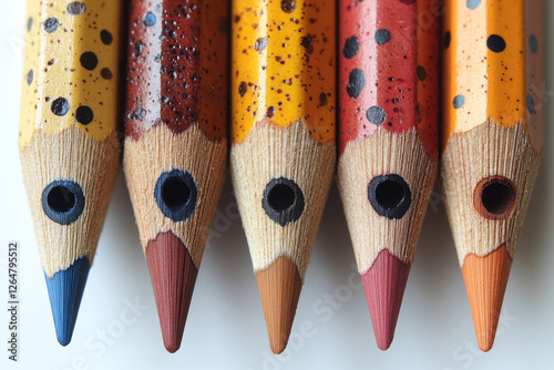 Colorful sharpened pencils arranged in a row on a light surface showing their unique artistic designs and vibrant shades photo